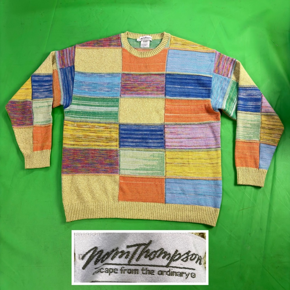 VTG 90s Norm Thompson Patchwork Sweater Mens XL Colorblock Cotton Italy Made